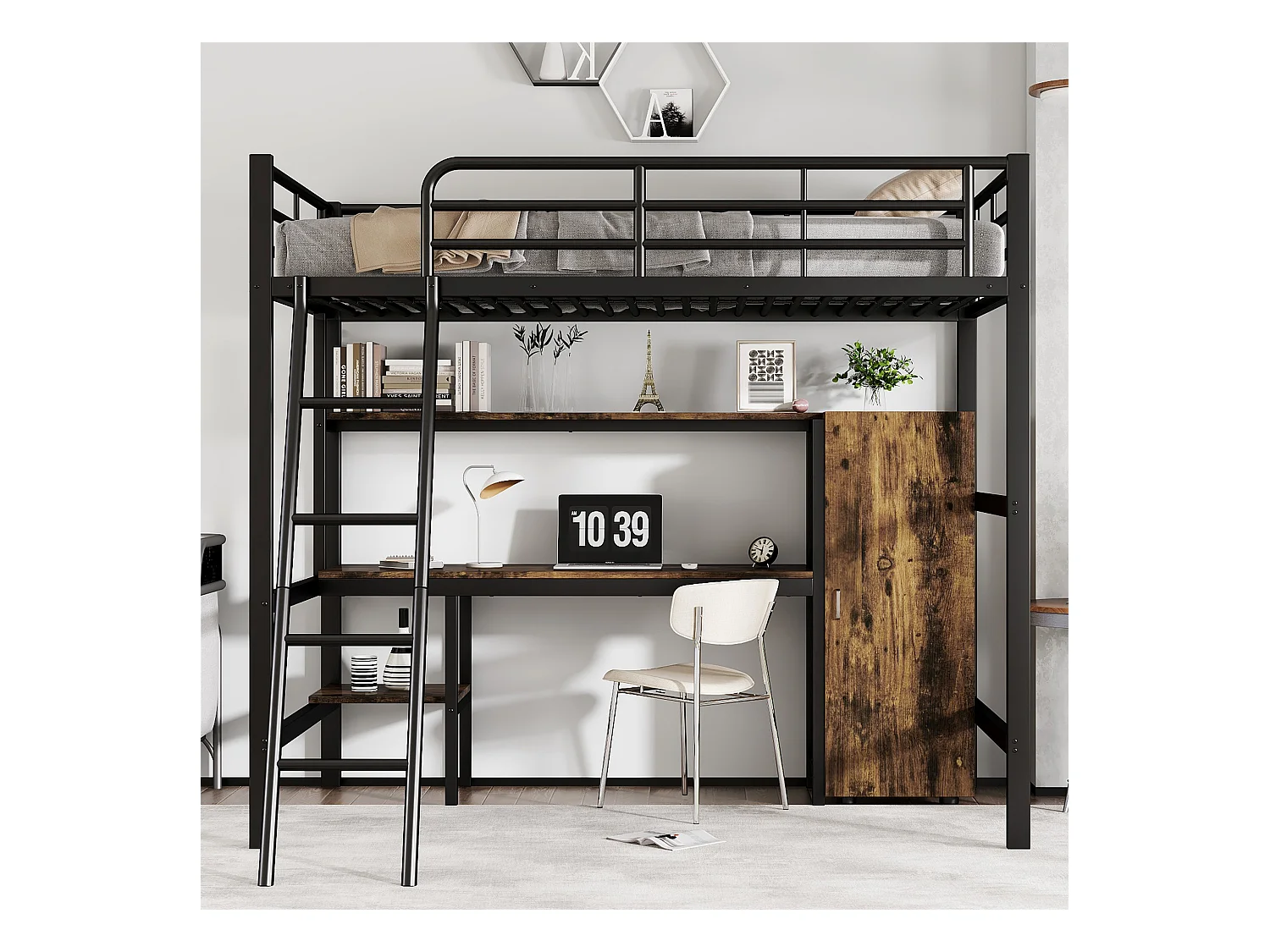 Stapelbed van metaal met tafel en kledingkast, planken en 4 niveaus, zwart en donker hout, 90x200 cm