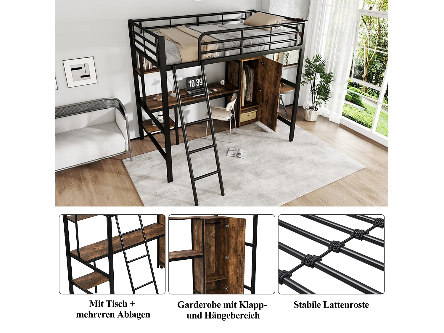 Stapelbed van metaal met tafel en kledingkast, planken en 4 niveaus, zwart en donker hout, 90x200 cm