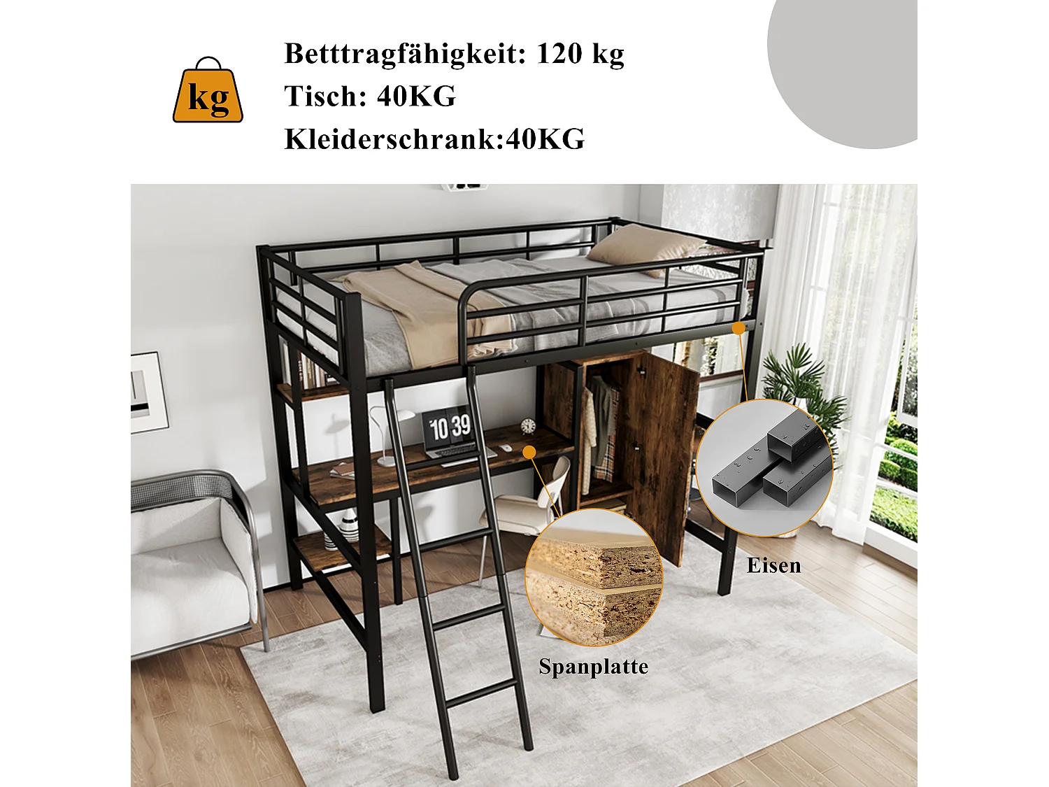 Stapelbed van metaal met tafel en kledingkast, planken en 4 niveaus, zwart en donker hout, 90x200 cm