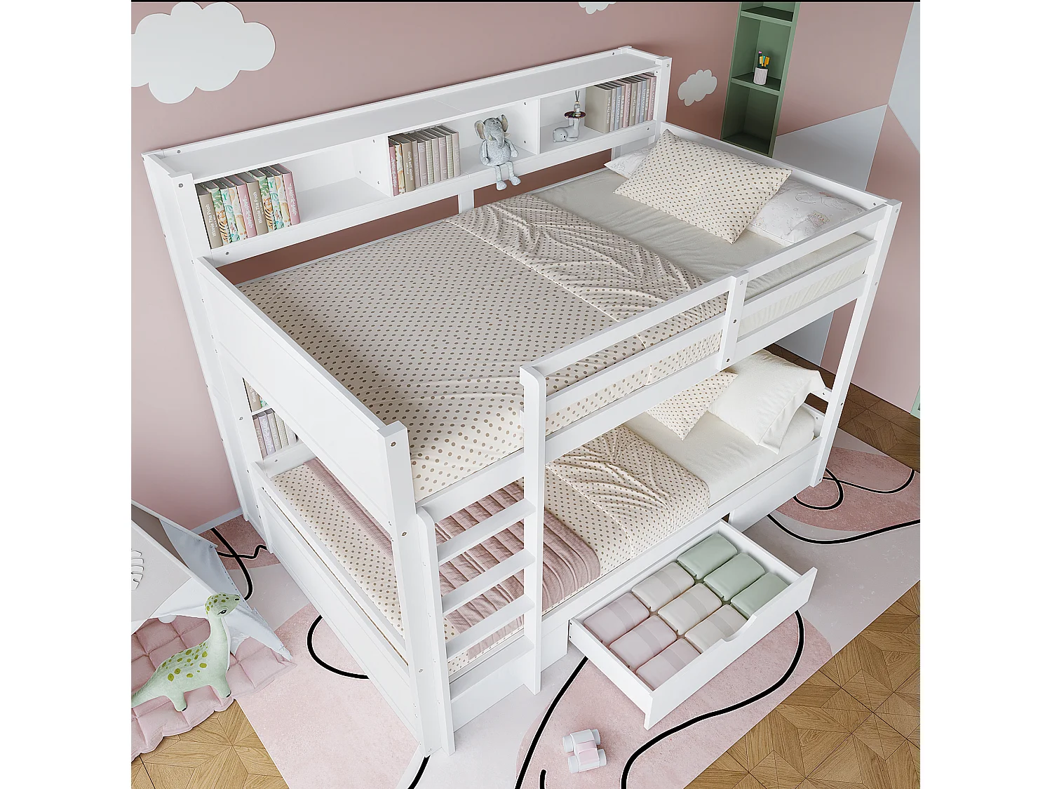 Lit superposé pour enfants, 90x200 cm, avec rangements, tiroirs et étagères, bois massif, blanc