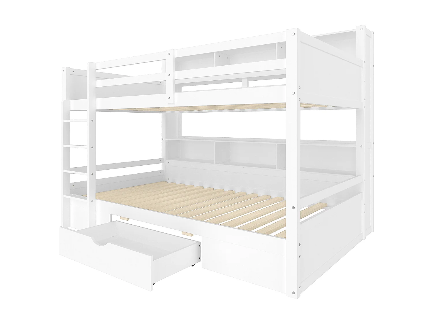 Lit superposé pour enfants, 90x200 cm, avec rangements, tiroirs et étagères, bois massif, blanc
