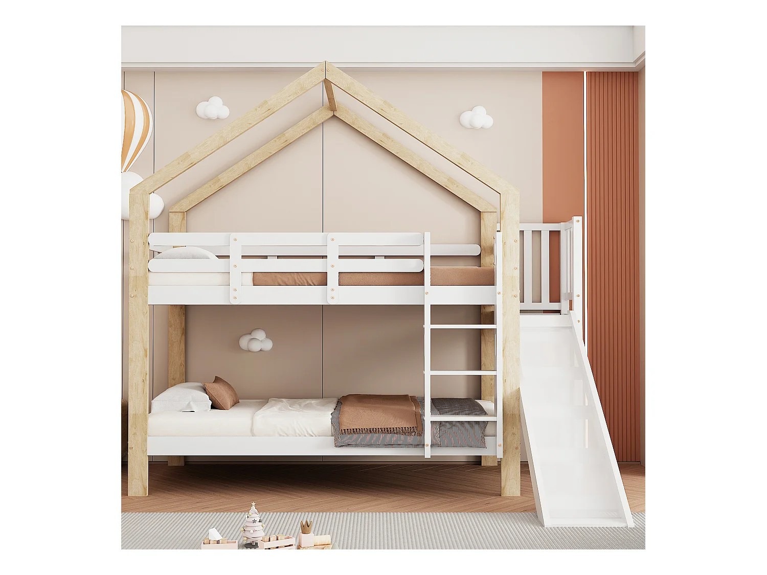 Stapelbed met glijbaan en 3-trapsladder, hoogslaper met uitvalbeveiliging, massief houten frame, wit en naturel (90x200cm)