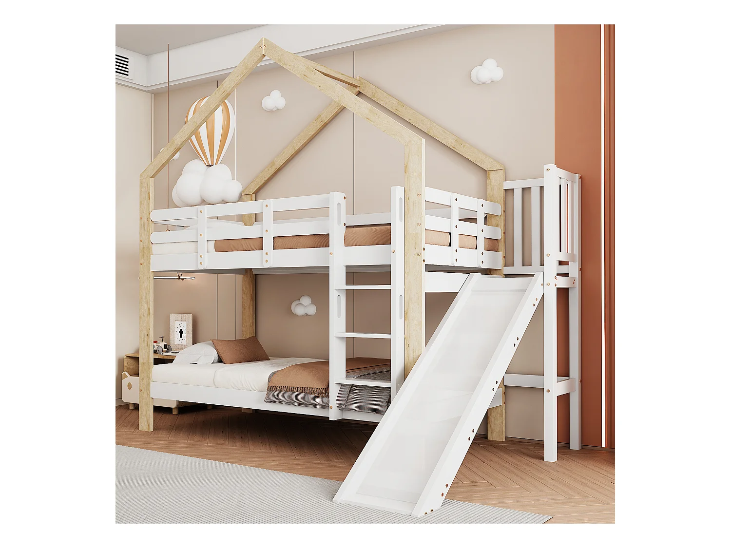 Stapelbed met glijbaan en 3-trapsladder, hoogslaper met uitvalbeveiliging, massief houten frame, wit en naturel (90x200cm)