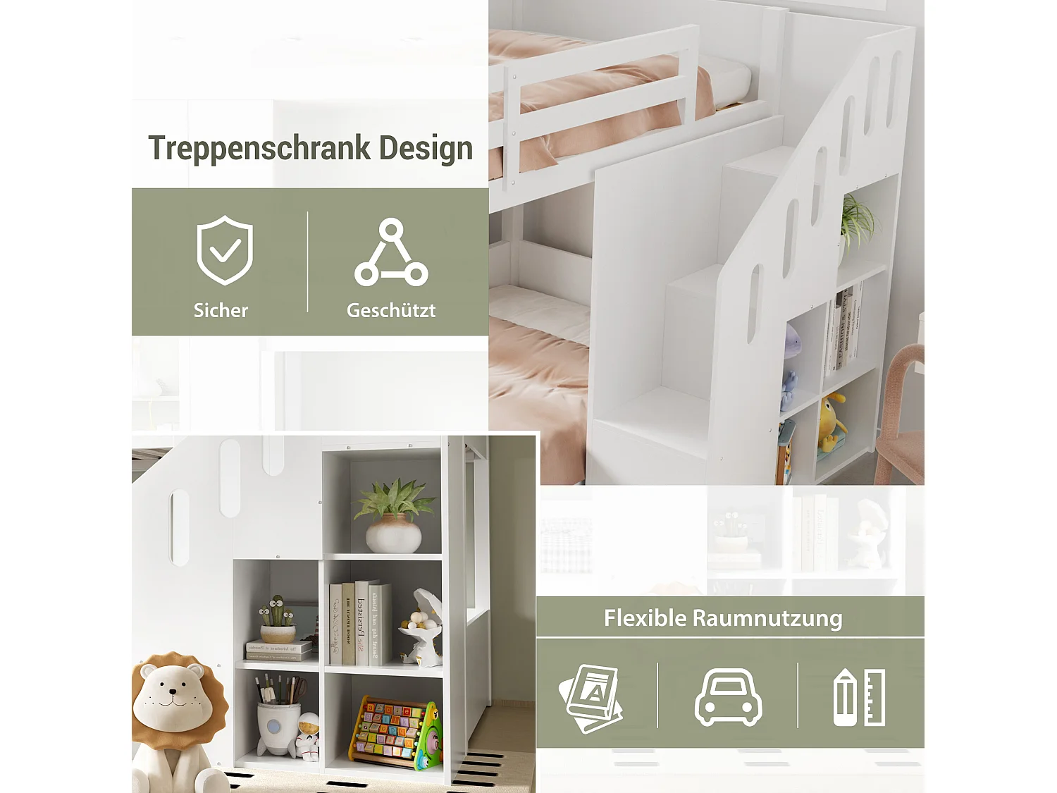 Lit superposé multifonctionnel pour enfants, avec escalier et rangements, en bois massif, blanc (L 90 x l 200 cm)