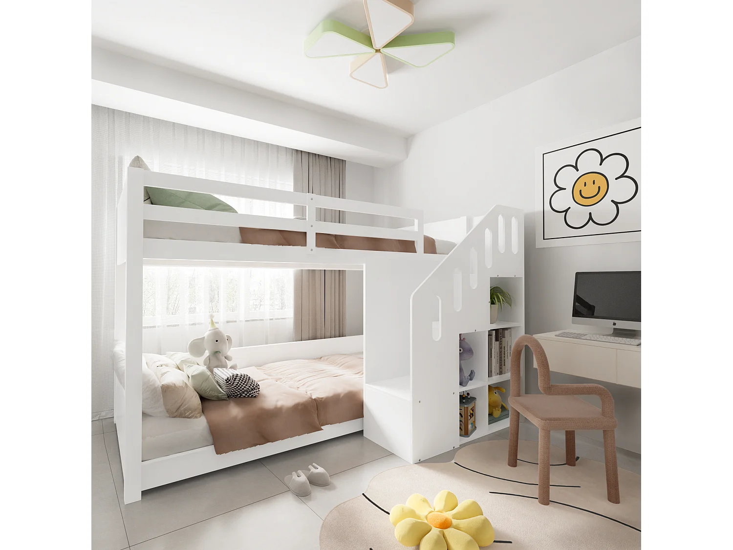 Lit superposé multifonctionnel pour enfants, avec escalier et rangements, en bois massif, blanc (L 90 x l 200 cm)