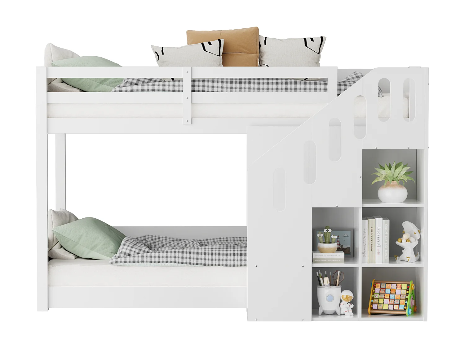 Lit superposé multifonctionnel pour enfants, avec escalier et rangements, en bois massif, blanc (L 90 x l 200 cm)