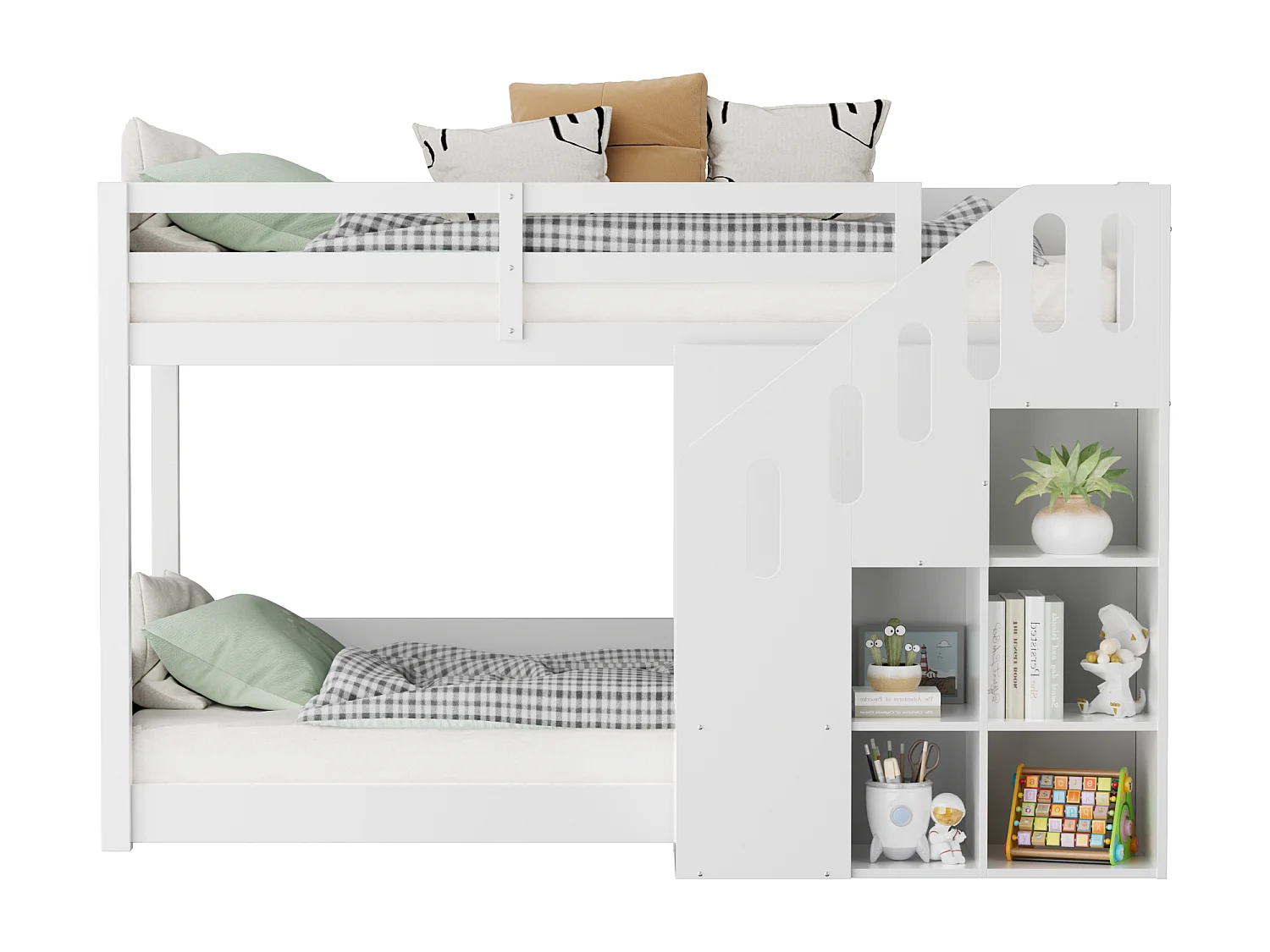 Lit superposé multifonctionnel pour enfants, avec escalier et rangements, en bois massif, blanc (L 90 x l 200 cm)