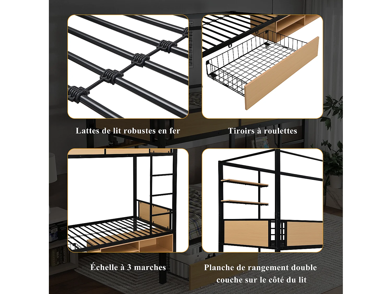 Lit superposé avec étagères latérales, cadre en métal et MDF, avec rideau de lit et rangements sous le lit, Noir + Naturel (204x95x230 cm)