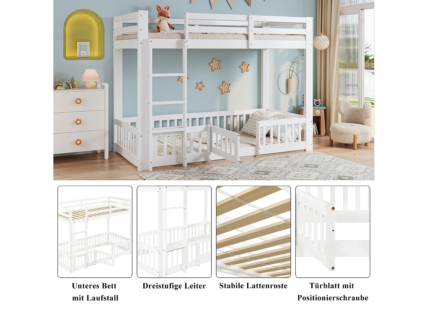 Litera de madera, con escalera recta, barandilla, puerta y espacio bajo la cama, Pino + LVL, Blanco (204x100,5x150 cm)