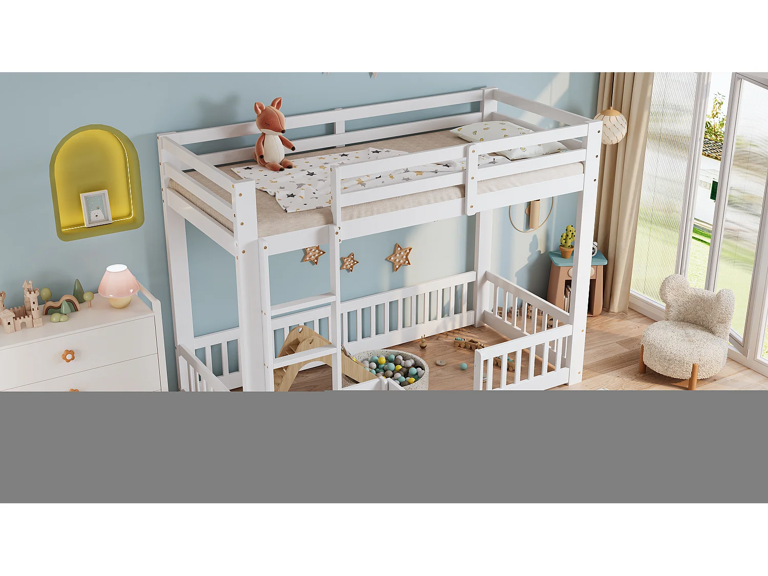 Litera de madera, con escalera recta, barandilla, puerta y espacio bajo la cama, Pino + LVL, Blanco (204x100,5x150 cm)