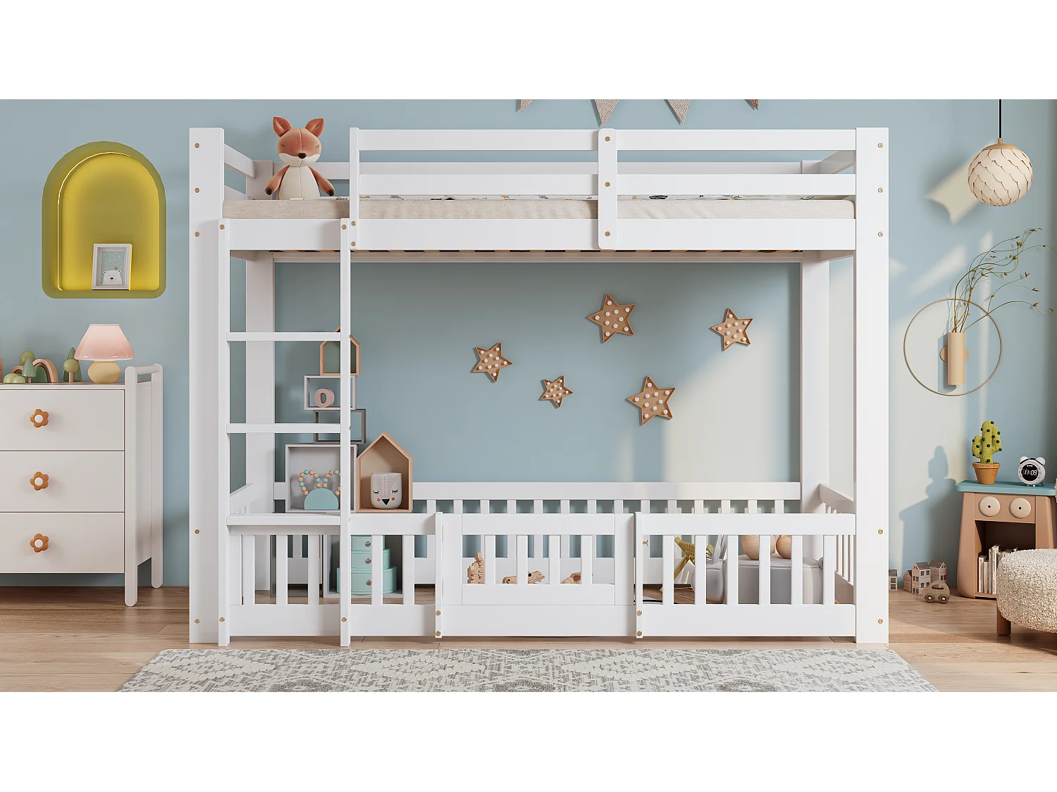 Litera de madera, con escalera recta, barandilla, puerta y espacio bajo la cama, Pino + LVL, Blanco (204x100,5x150 cm)