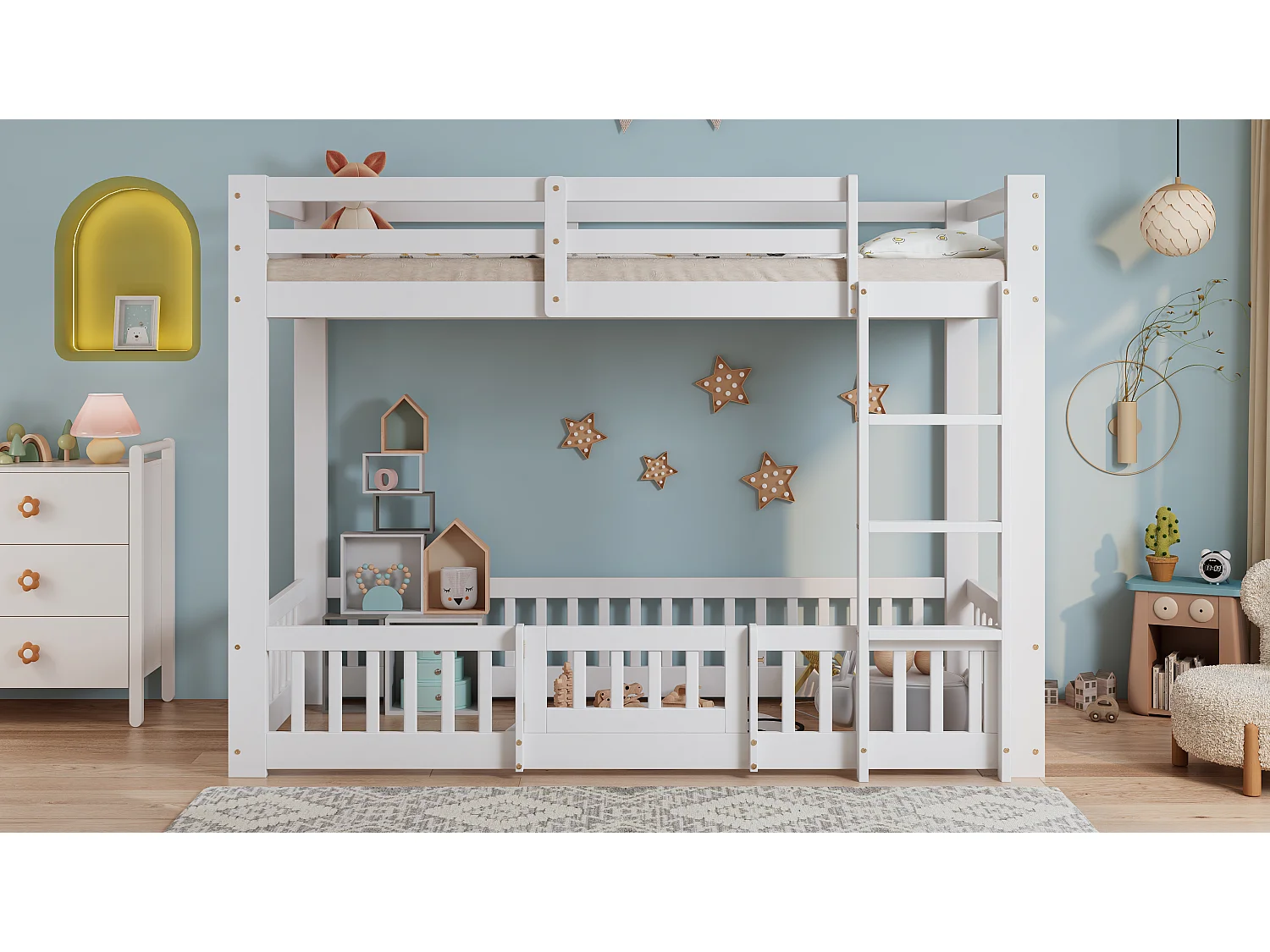 Litera de madera, con escalera recta, barandilla, puerta y espacio bajo la cama, Pino + LVL, Blanco (204x100,5x150 cm)