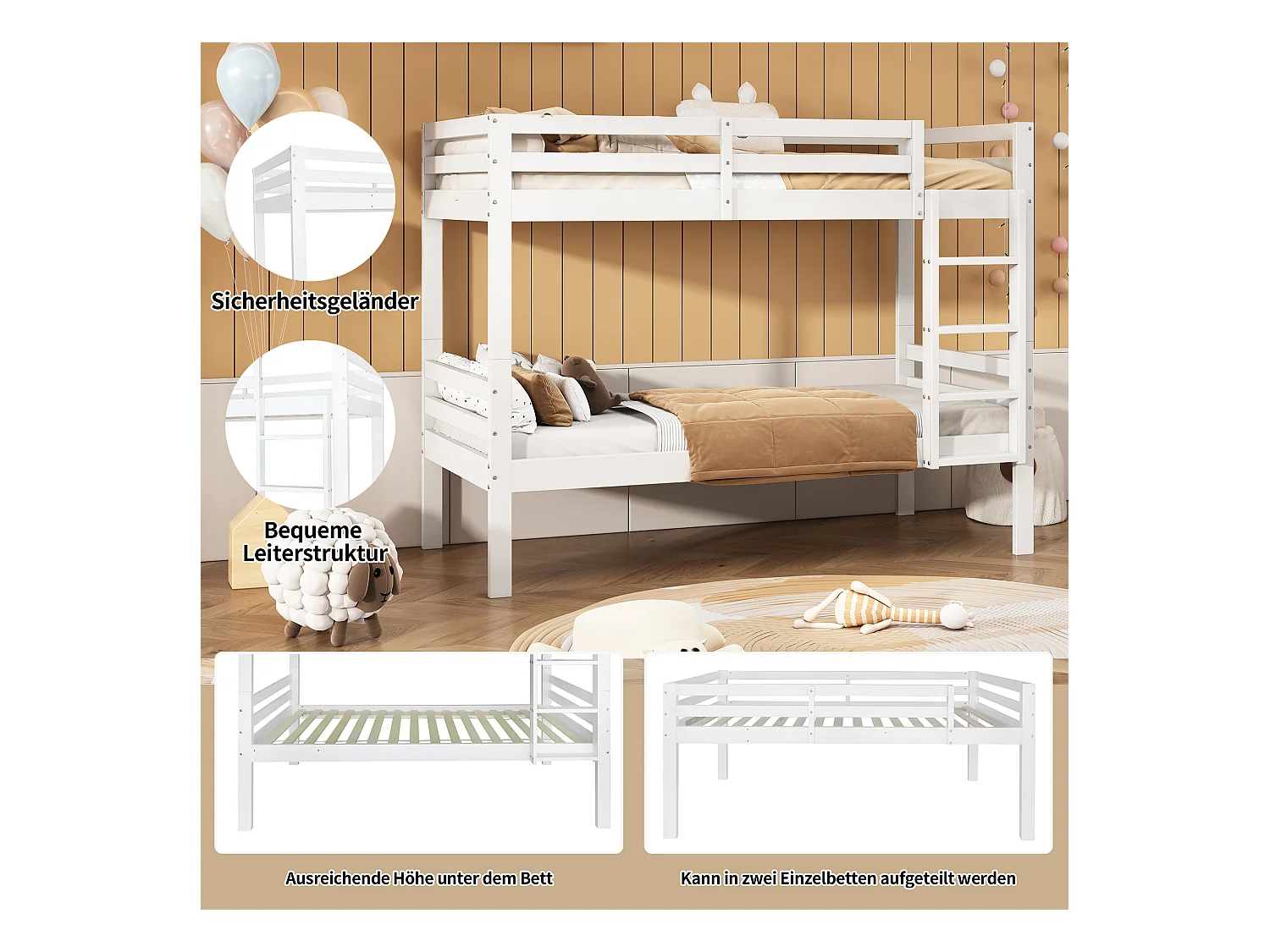 Litera infantil con escalera inclinada, estructura de madera, con protección anticaídas, 90x200 cm