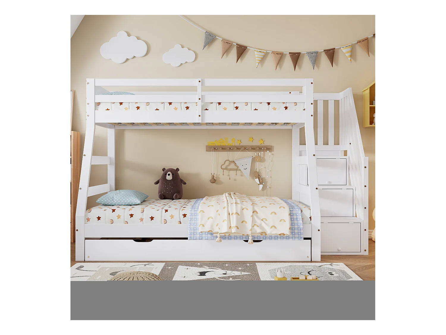 Lit superposé avec lit roulant, échelle avec rangements, protection sur 4 côtés, MDF + pin, blanc, 90x190 cm + 90/120x200 cm (257x146x145 cm)