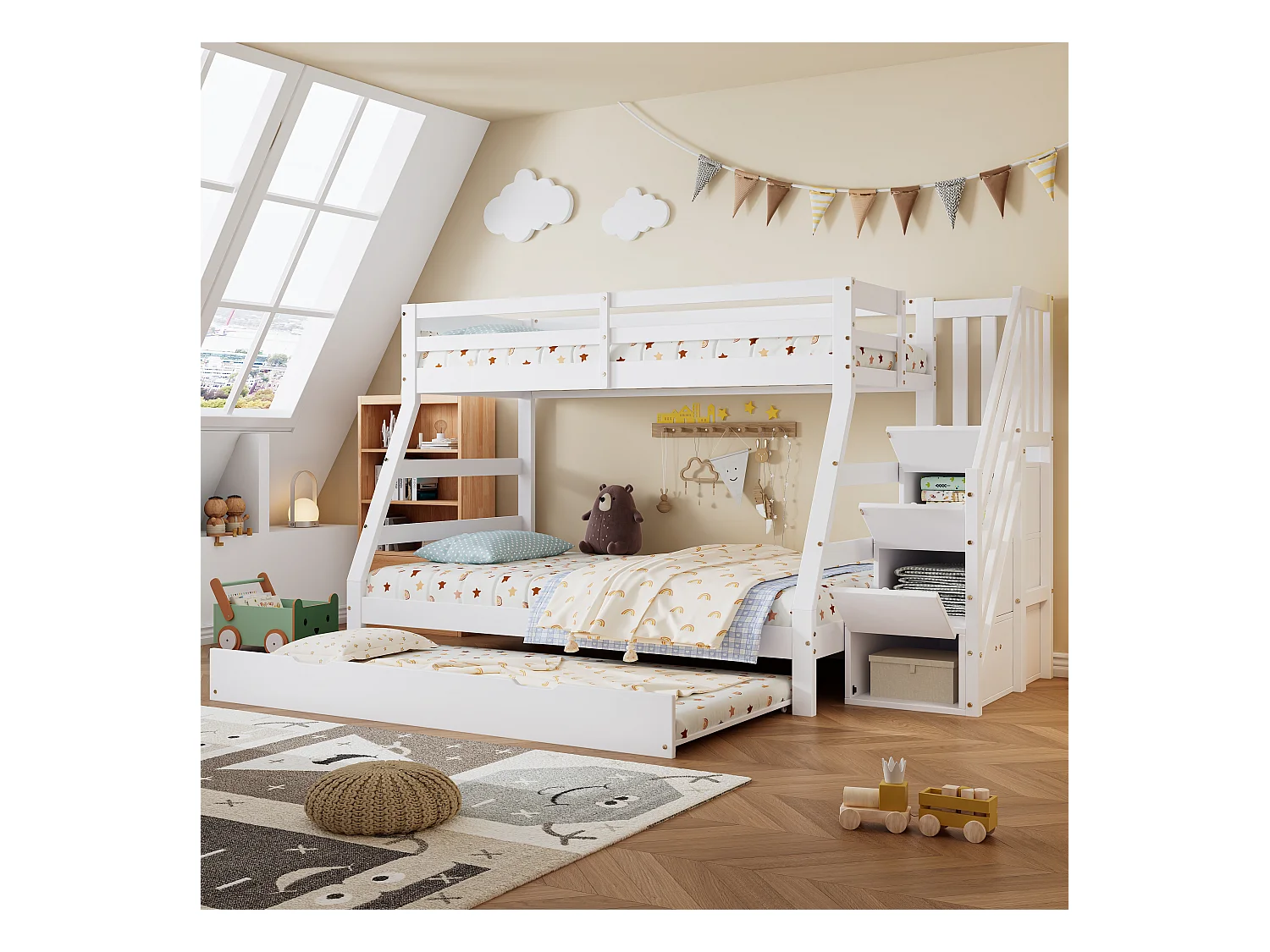 Lit superposé avec lit roulant, échelle avec rangements, protection sur 4 côtés, MDF + pin, blanc, 90x190 cm + 90/120x200 cm (257x146x145 cm)