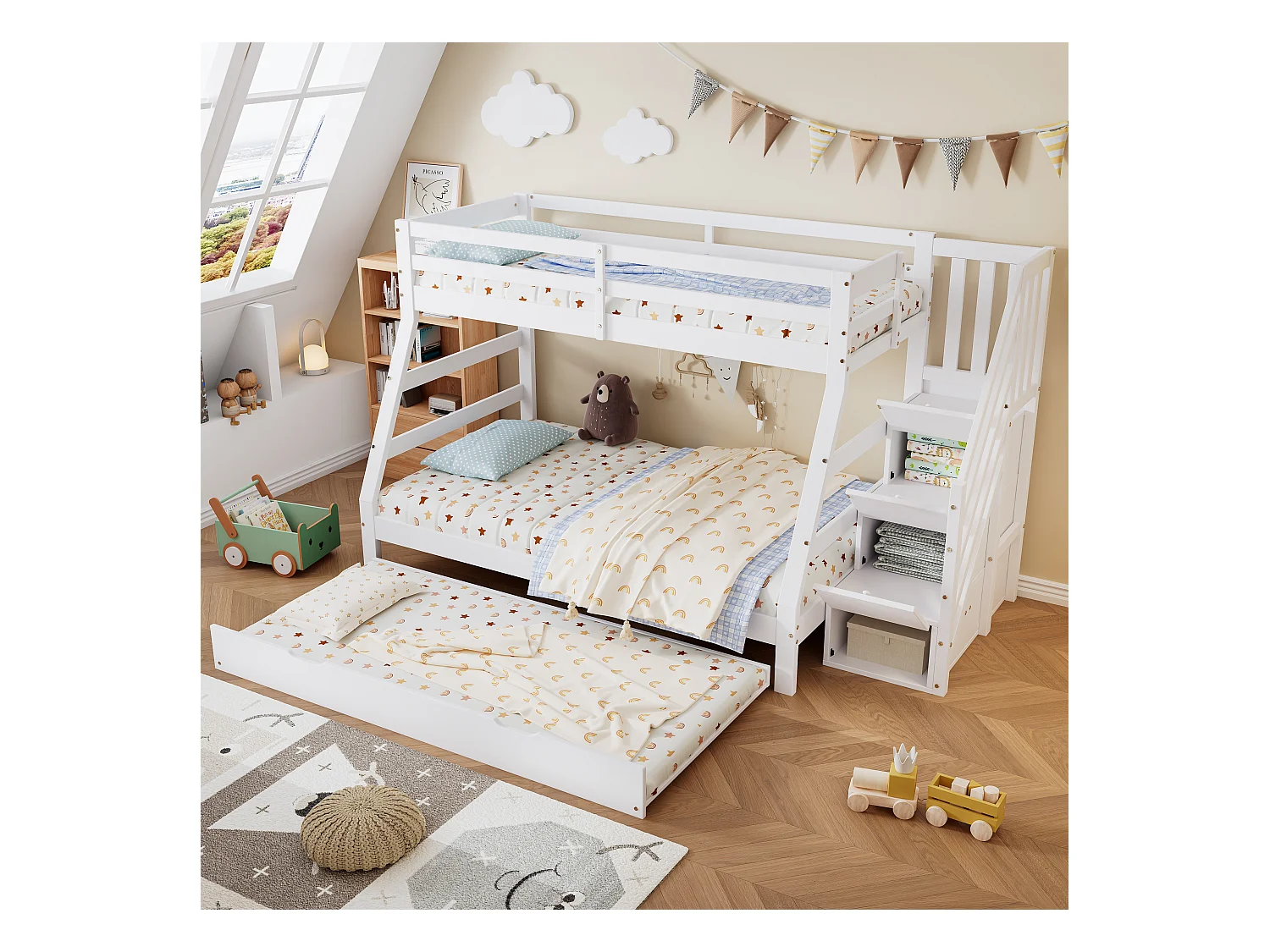 Lit superposé avec lit roulant, échelle avec rangements, protection sur 4 côtés, MDF + pin, blanc, 90x190 cm + 90/120x200 cm (257x146x145 cm)