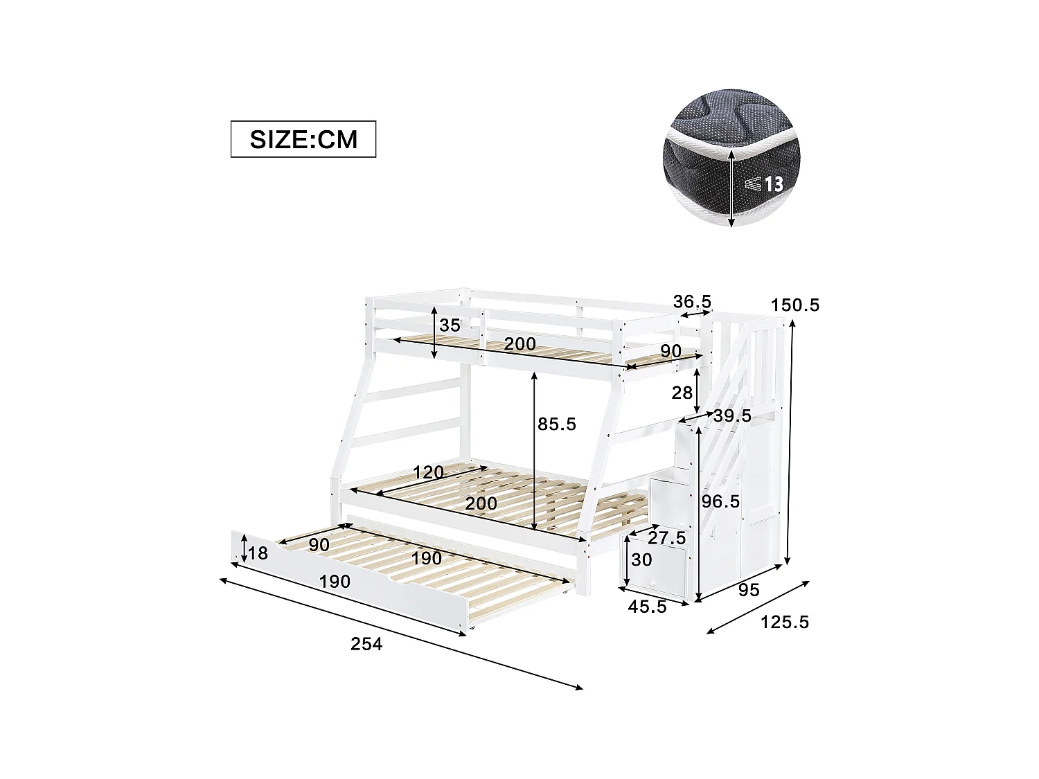 Lit superposé avec lit roulant, échelle avec rangements, protection sur 4 côtés, MDF + pin, blanc, 90x190 cm + 90/120x200 cm (257x146x145 cm)