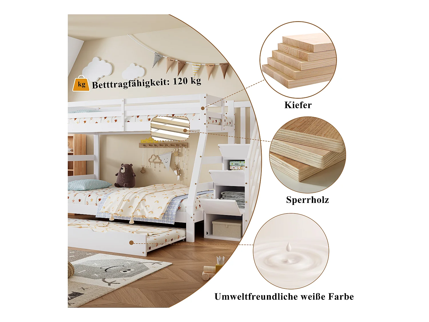 Lit superposé avec lit roulant, échelle avec rangements, protection sur 4 côtés, MDF + pin, blanc, 90x190 cm + 90/120x200 cm (257x146x145 cm)