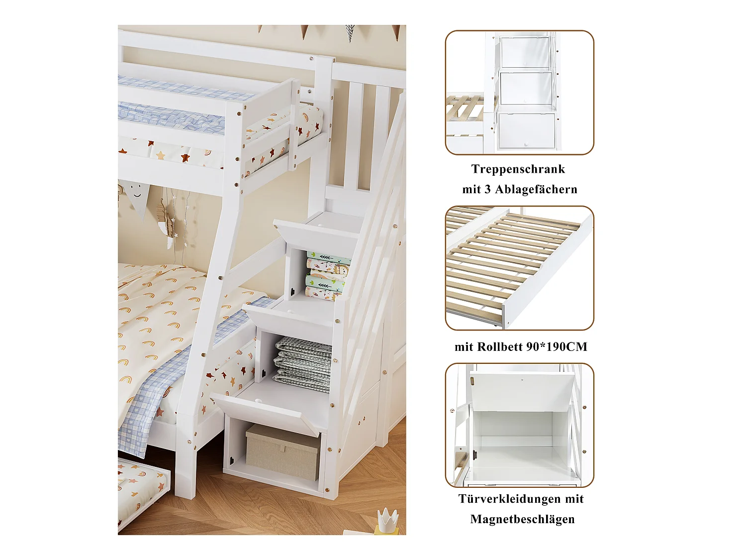 Lit superposé avec lit roulant, échelle avec rangements, protection sur 4 côtés, MDF + pin, blanc, 90x190 cm + 90/120x200 cm (257x146x145 cm)