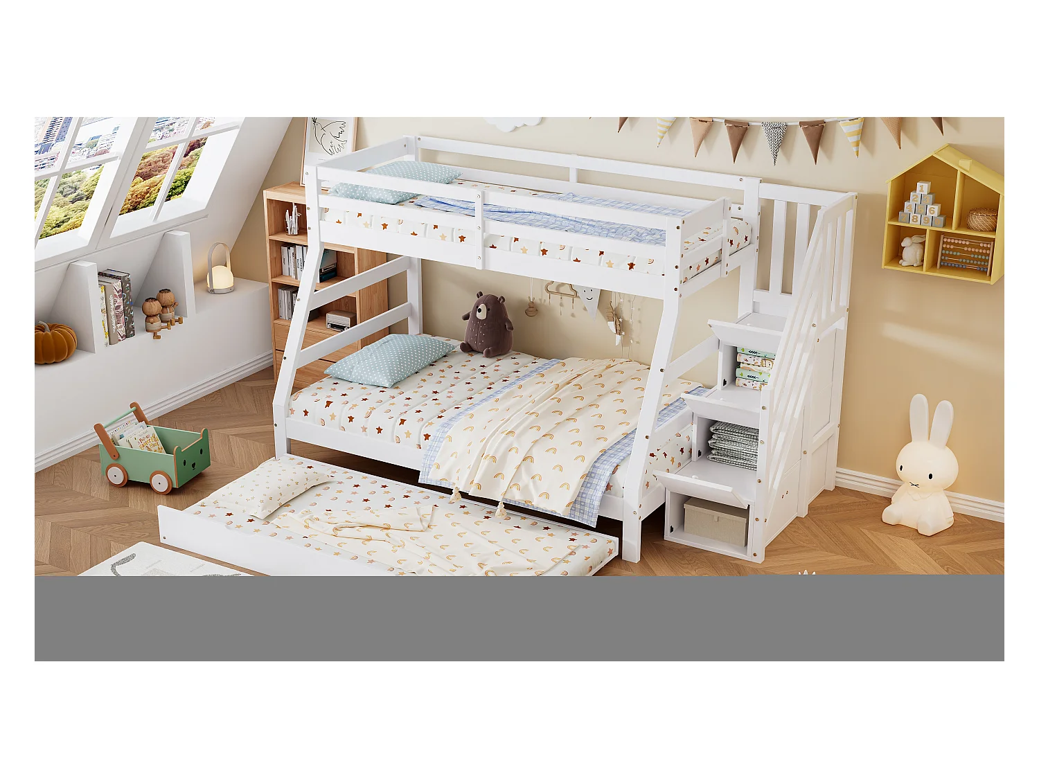 Lit superposé avec lit roulant, échelle avec rangements, protection sur 4 côtés, MDF + pin, blanc, 90x190 cm + 90/120x200 cm (257x146x145 cm)