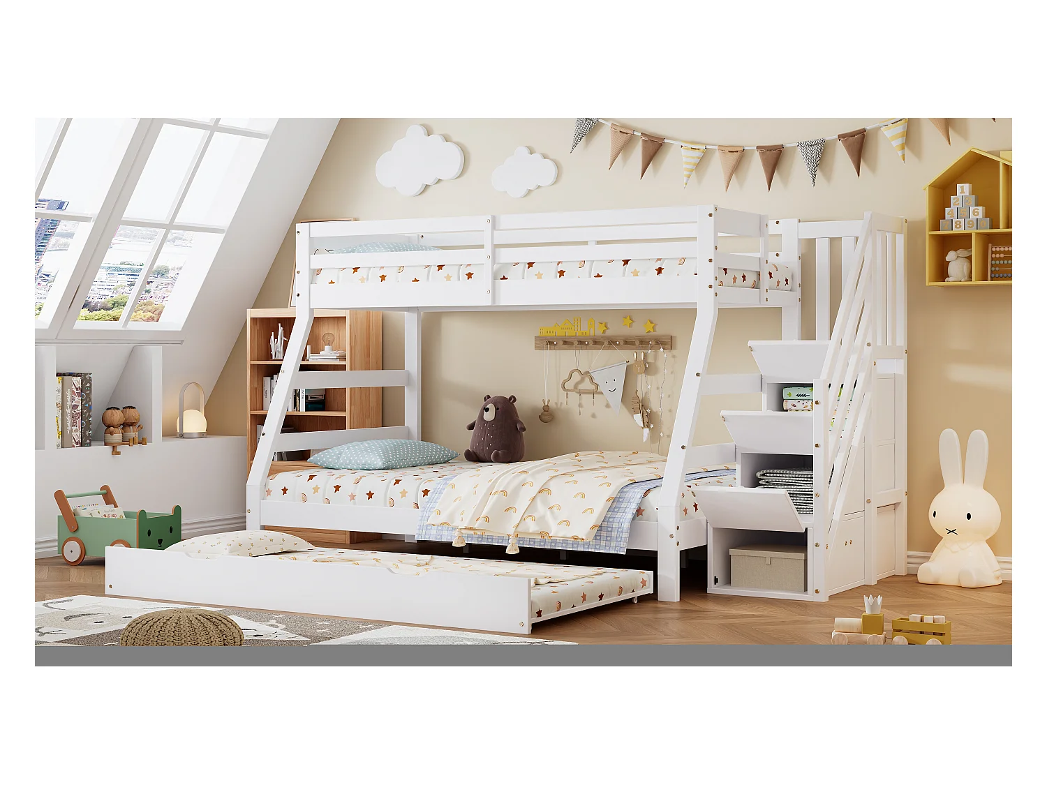 Lit superposé avec lit roulant, échelle avec rangements, protection sur 4 côtés, MDF + pin, blanc, 90x190 cm + 90/120x200 cm (257x146x145 cm)