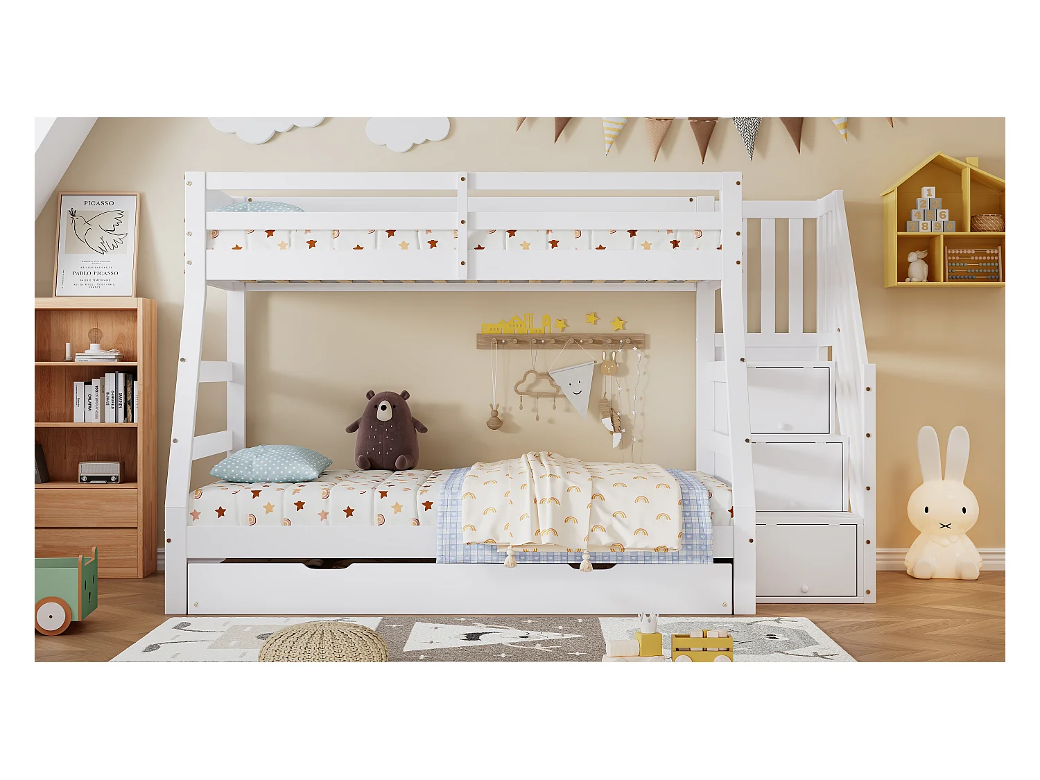 Lit superposé avec lit roulant, échelle avec rangements, protection sur 4 côtés, MDF + pin, blanc, 90x190 cm + 90/120x200 cm (257x146x145 cm)