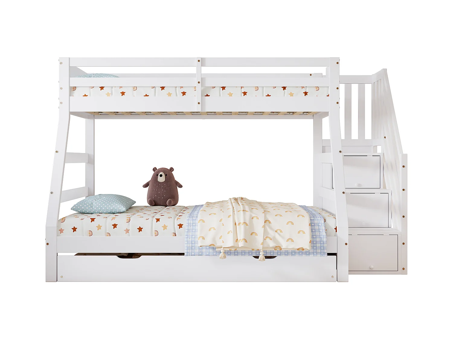 Lit superposé avec lit roulant, échelle avec rangements, protection sur 4 côtés, MDF + pin, blanc, 90x190 cm + 90/120x200 cm (257x146x145 cm)