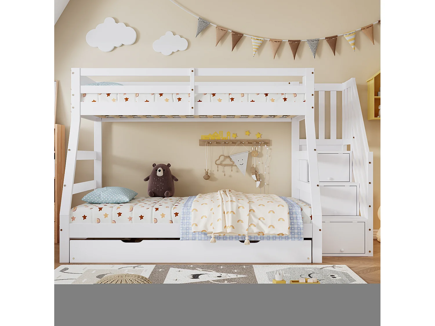 Lit superposé avec lit roulant, échelle avec rangements, protection sur 4 côtés, MDF + pin, blanc, 90x190 cm + 90/120x200 cm (257x146x145 cm)