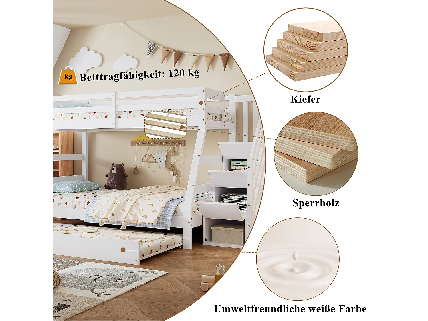 Lit superposé avec lit roulant, échelle avec rangements, protection sur 4 côtés, MDF + pin, blanc, 90x190 cm + 90/120x200 cm (257x146x145 cm)