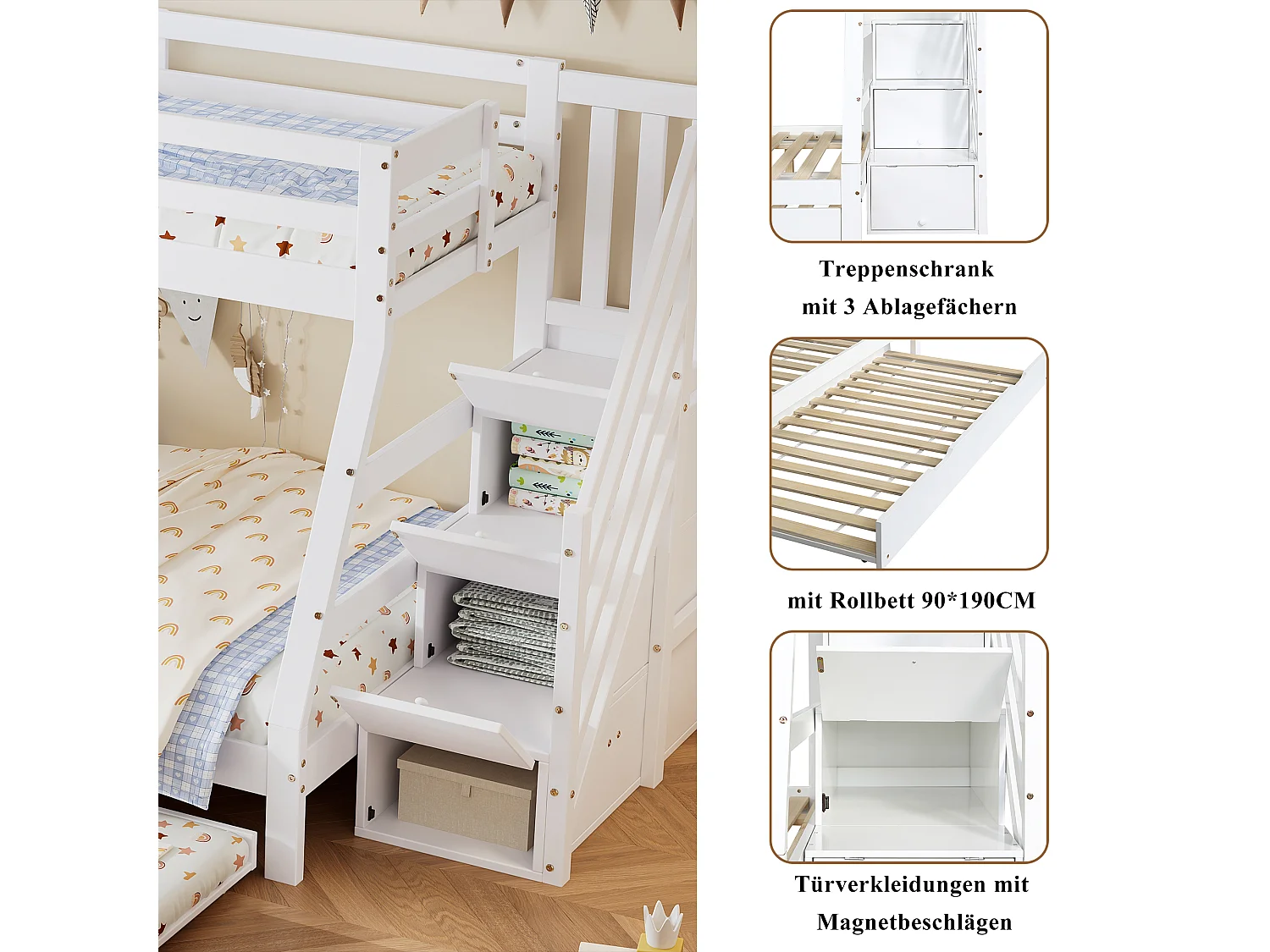 Lit superposé avec lit roulant, échelle avec rangements, protection sur 4 côtés, MDF + pin, blanc, 90x190 cm + 90/120x200 cm (257x146x145 cm)