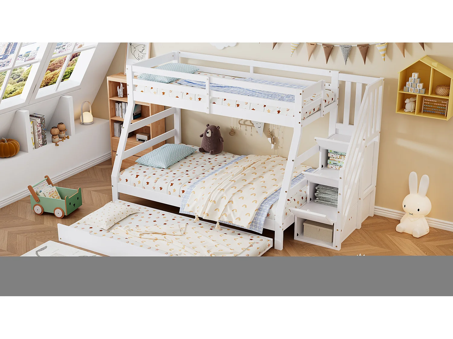 Lit superposé avec lit roulant, échelle avec rangements, protection sur 4 côtés, MDF + pin, blanc, 90x190 cm + 90/120x200 cm (257x146x145 cm)