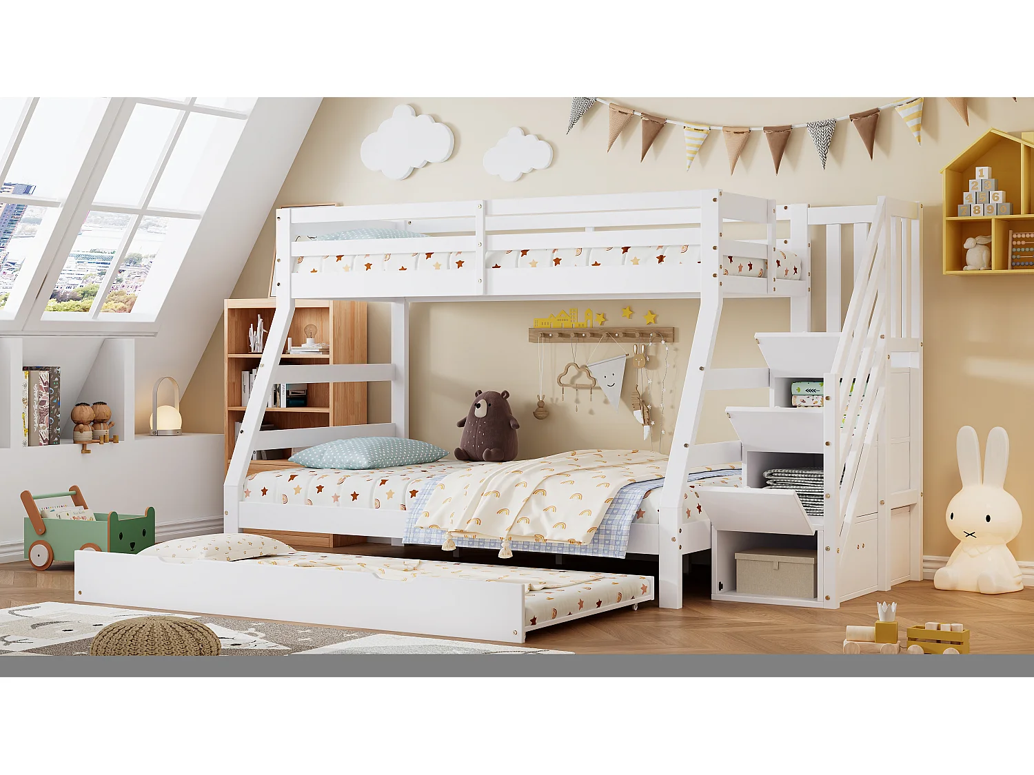 Lit superposé avec lit roulant, échelle avec rangements, protection sur 4 côtés, MDF + pin, blanc, 90x190 cm + 90/120x200 cm (257x146x145 cm)