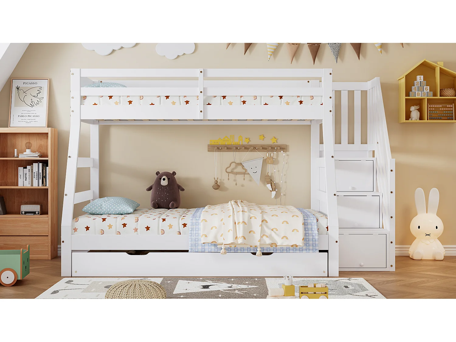 Lit superposé avec lit roulant, échelle avec rangements, protection sur 4 côtés, MDF + pin, blanc, 90x190 cm + 90/120x200 cm (257x146x145 cm)