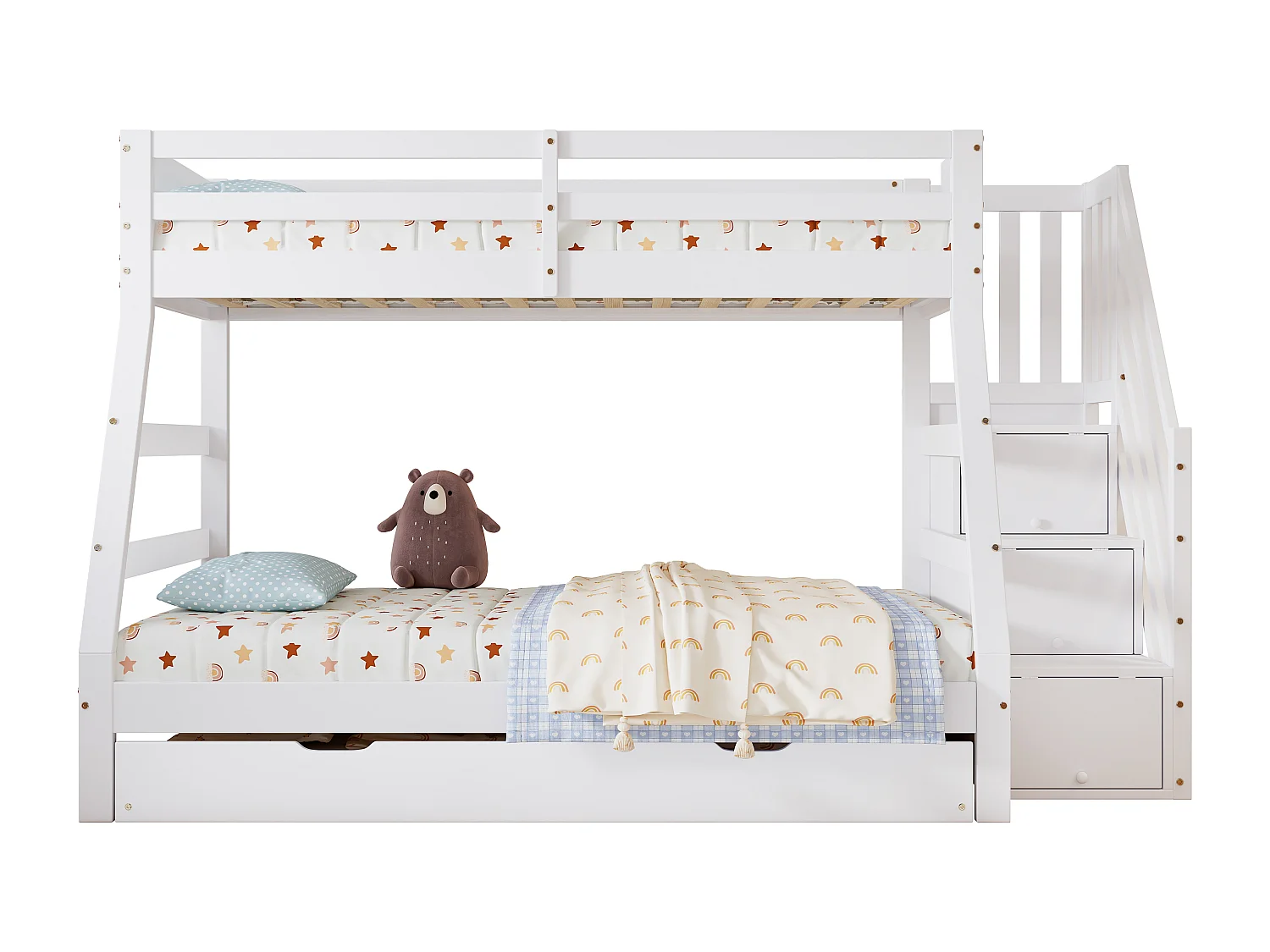 Lit superposé avec lit roulant, échelle avec rangements, protection sur 4 côtés, MDF + pin, blanc, 90x190 cm + 90/120x200 cm (257x146x145 cm)