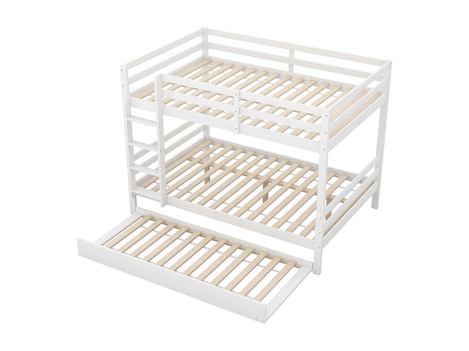 Lit superposé avec lit extensible, échelle stable, haute rambarde, bois de pin, blanc (204.5x145x150 cm)