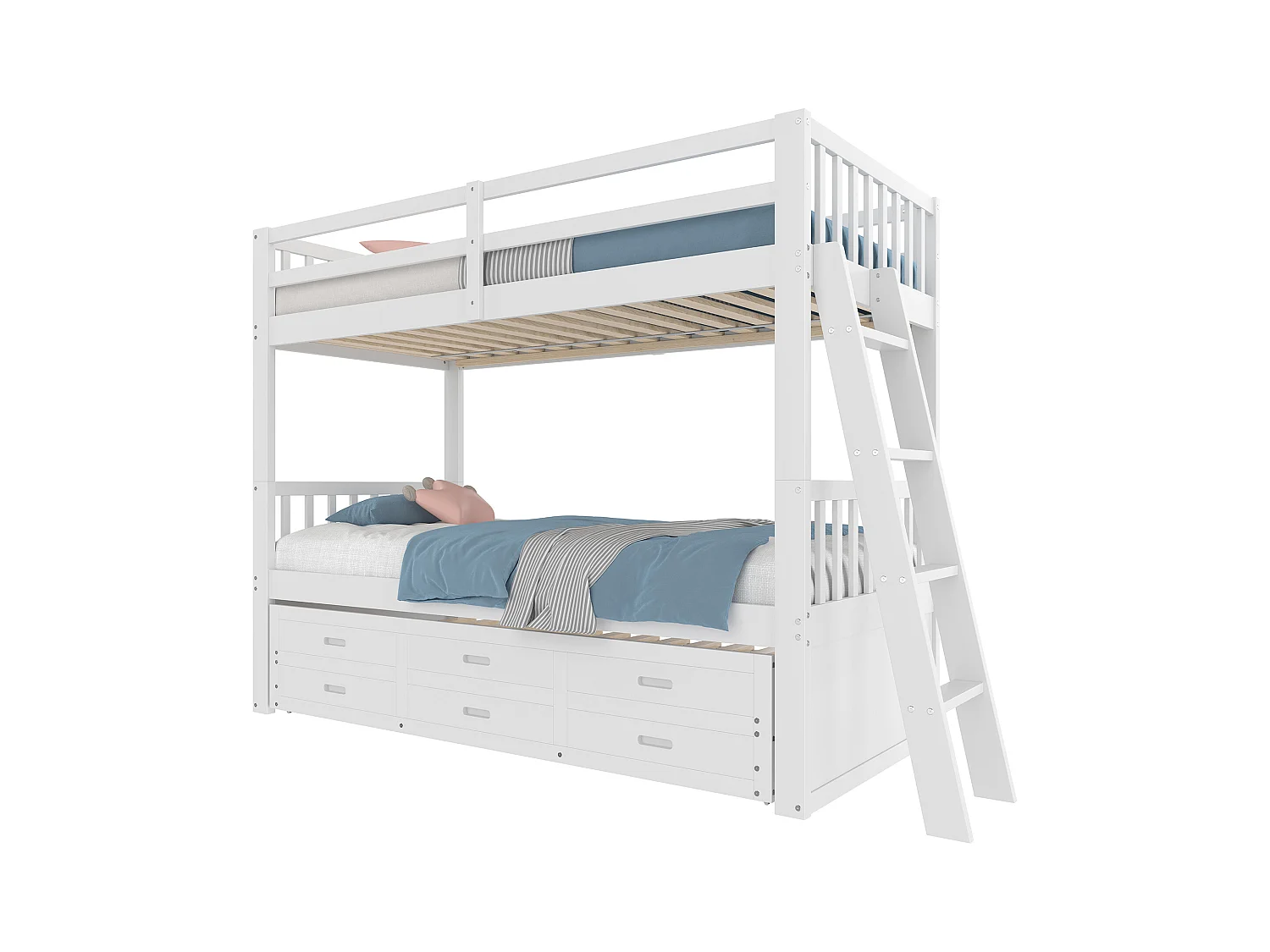 Lit Superposé 90x200cm, Maison pour Enfants avec Échelle, Lit Extensible, 3 Tiroirs, Pin, Blanc (244x95x160 cm)