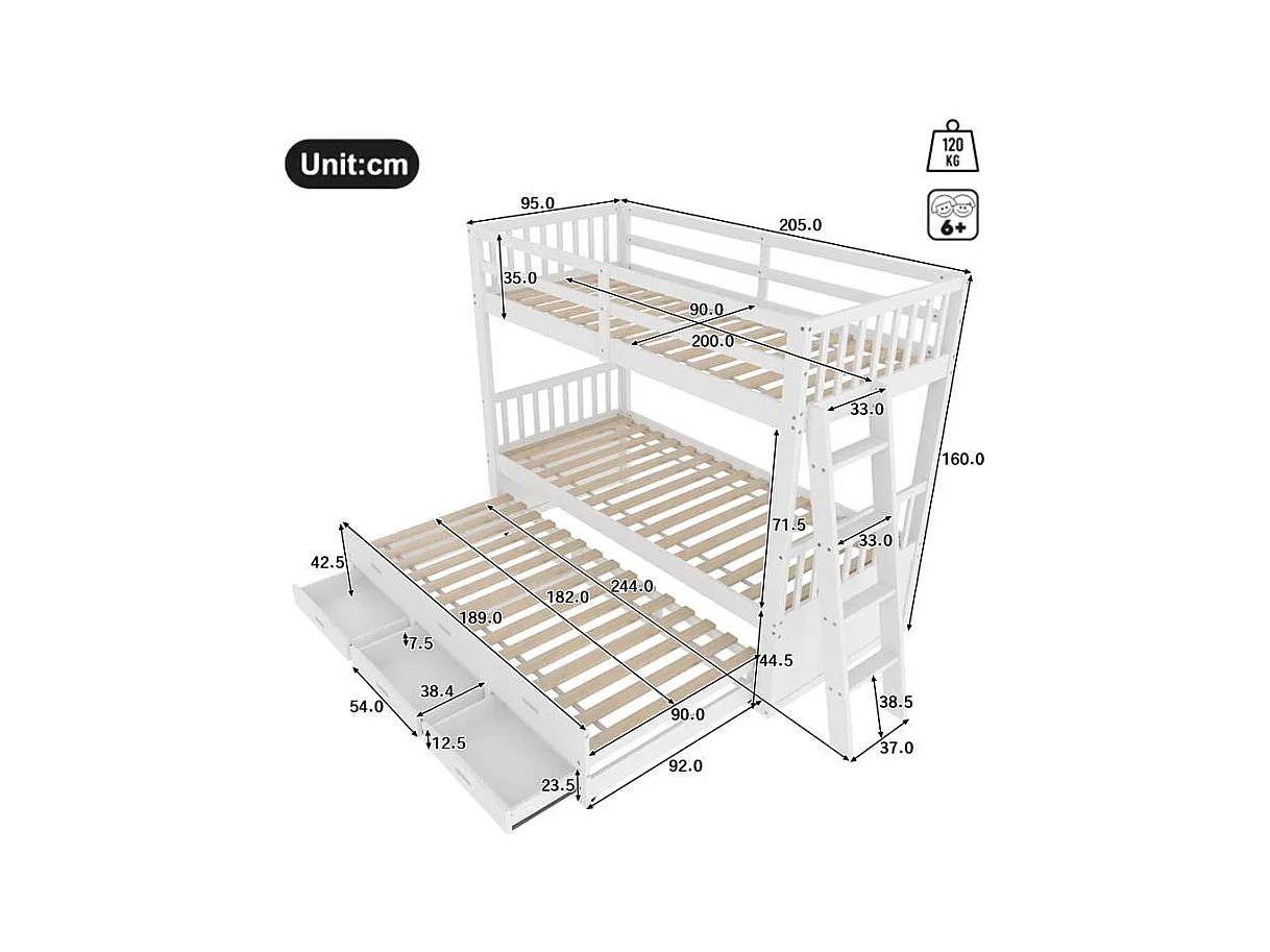 Lit Superposé 90x200cm, Maison pour Enfants avec Échelle, Lit Extensible, 3 Tiroirs, Pin, Blanc (244x95x160 cm)