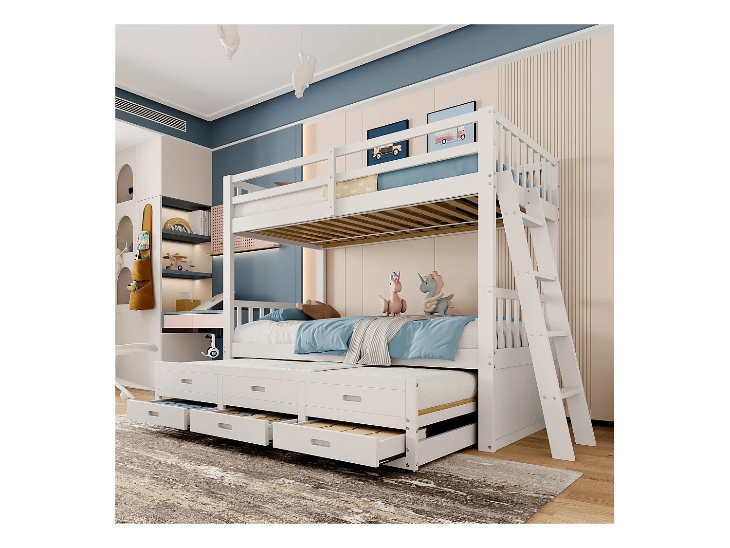 Letto a castello 90x200 cm, casetta per bambini con scaletta, letto estensibile, 3 cassetti, pino, bianco (244x95x160 cm)