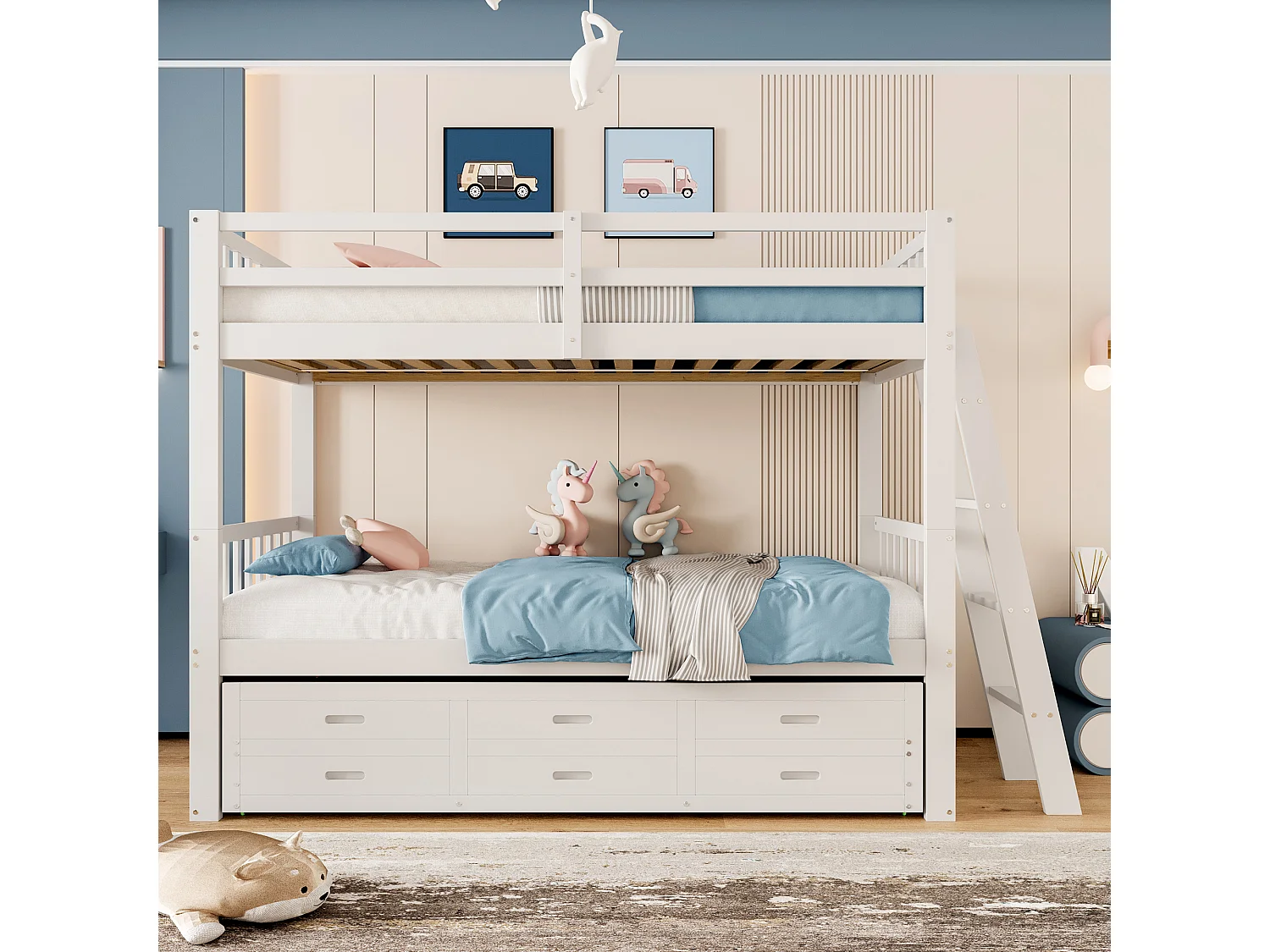 Lit Superposé 90x200cm, Maison pour Enfants avec Échelle, Lit Extensible, 3 Tiroirs, Pin, Blanc (244x95x160 cm)