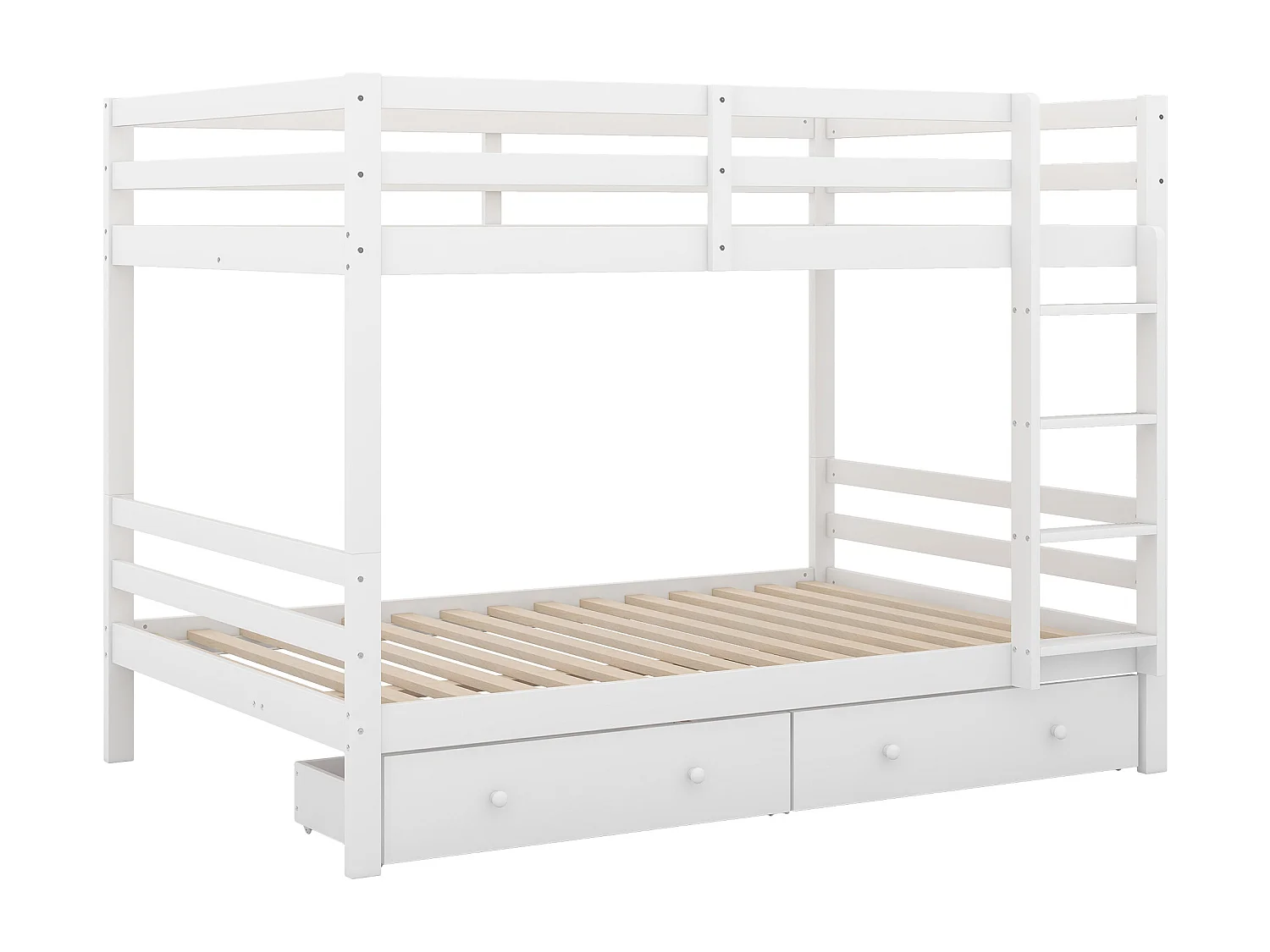Lit superposé 140x200 cm avec tiroirs, rangement intégré, barreaux hauts, échelle stable, blanc (204.5x145x150 cm)