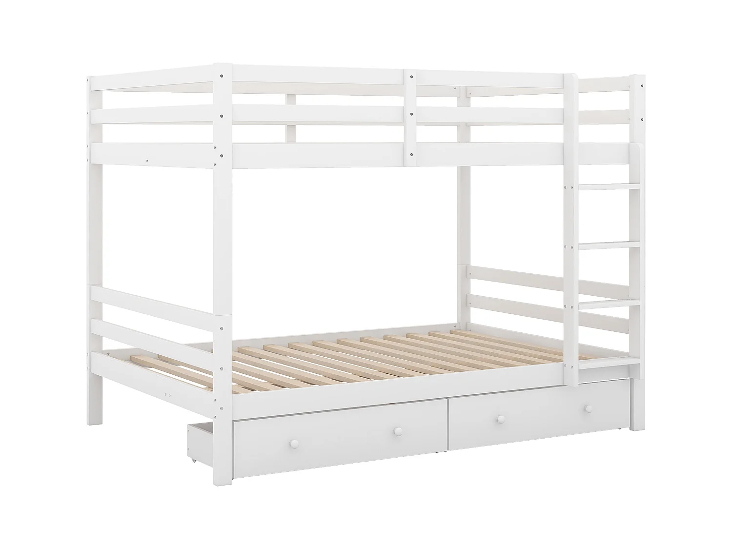 Lit superposé 140x200 cm avec tiroirs, rangement intégré, barreaux hauts, échelle stable, blanc (204.5x145x150 cm)