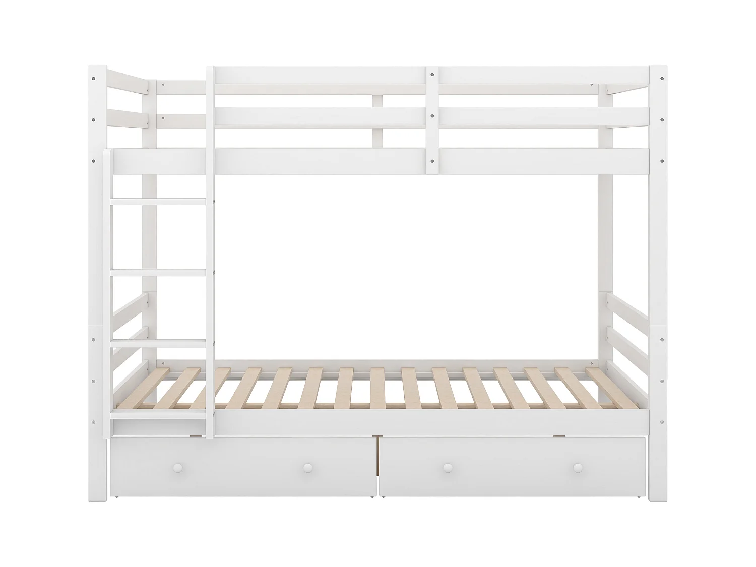 Lit superposé 140x200 cm avec tiroirs, rangement intégré, barreaux hauts, échelle stable, blanc (204.5x145x150 cm)
