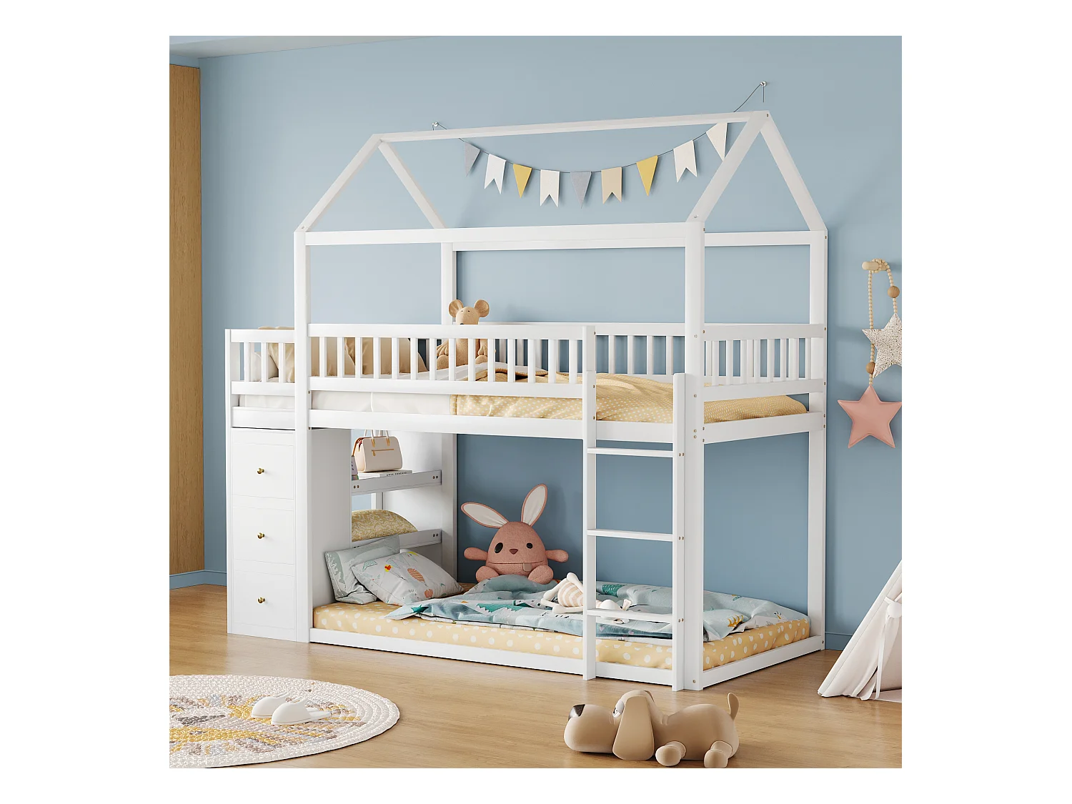 Lit superposé enfant forme maison avec barrières, commode et étagères, bois massif blanc (249x96x211cm)