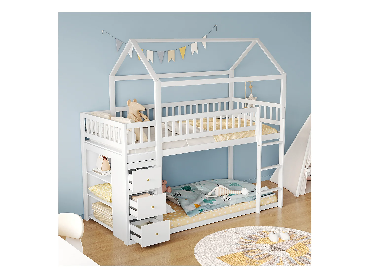 Lit superposé enfant forme maison avec barrières, commode et étagères, bois massif blanc (249x96x211cm)