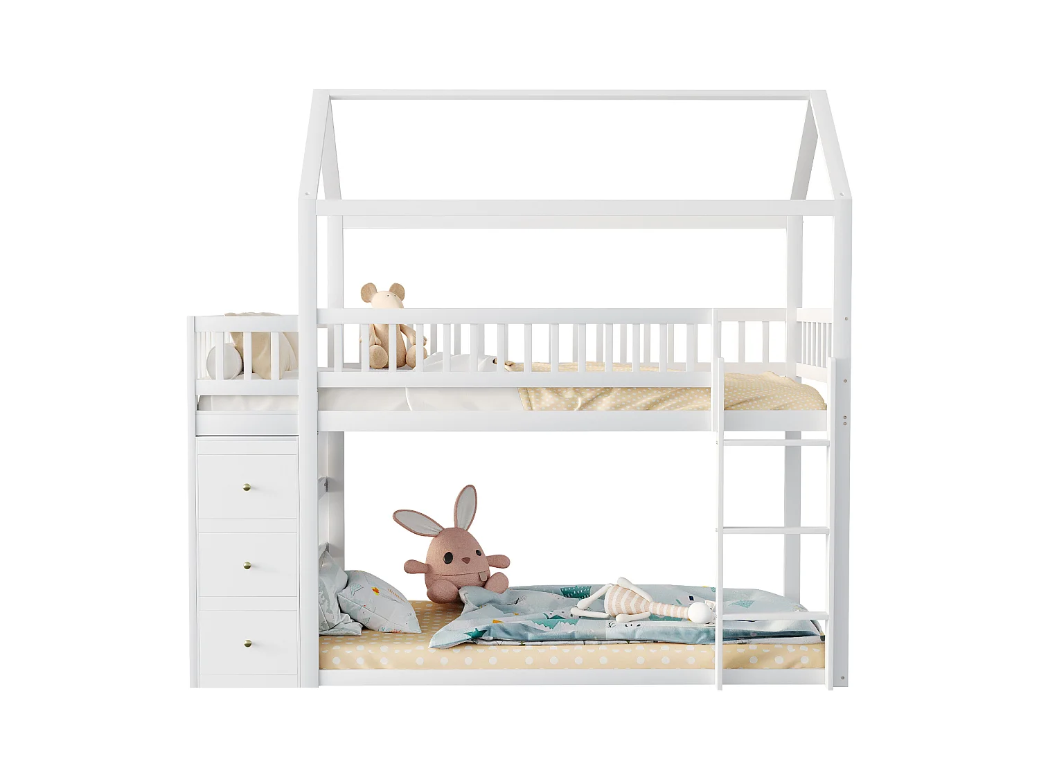 Lit superposé enfant forme maison avec barrières, commode et étagères, bois massif blanc (249x96x211cm)