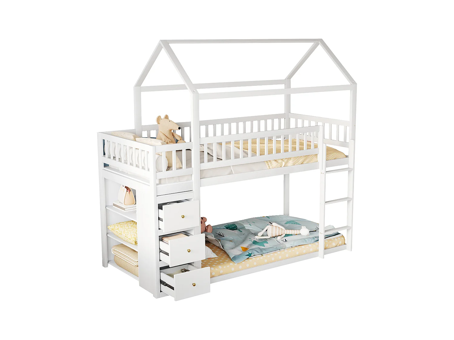 Lit superposé enfant forme maison avec barrières, commode et étagères, bois massif blanc (249x96x211cm)