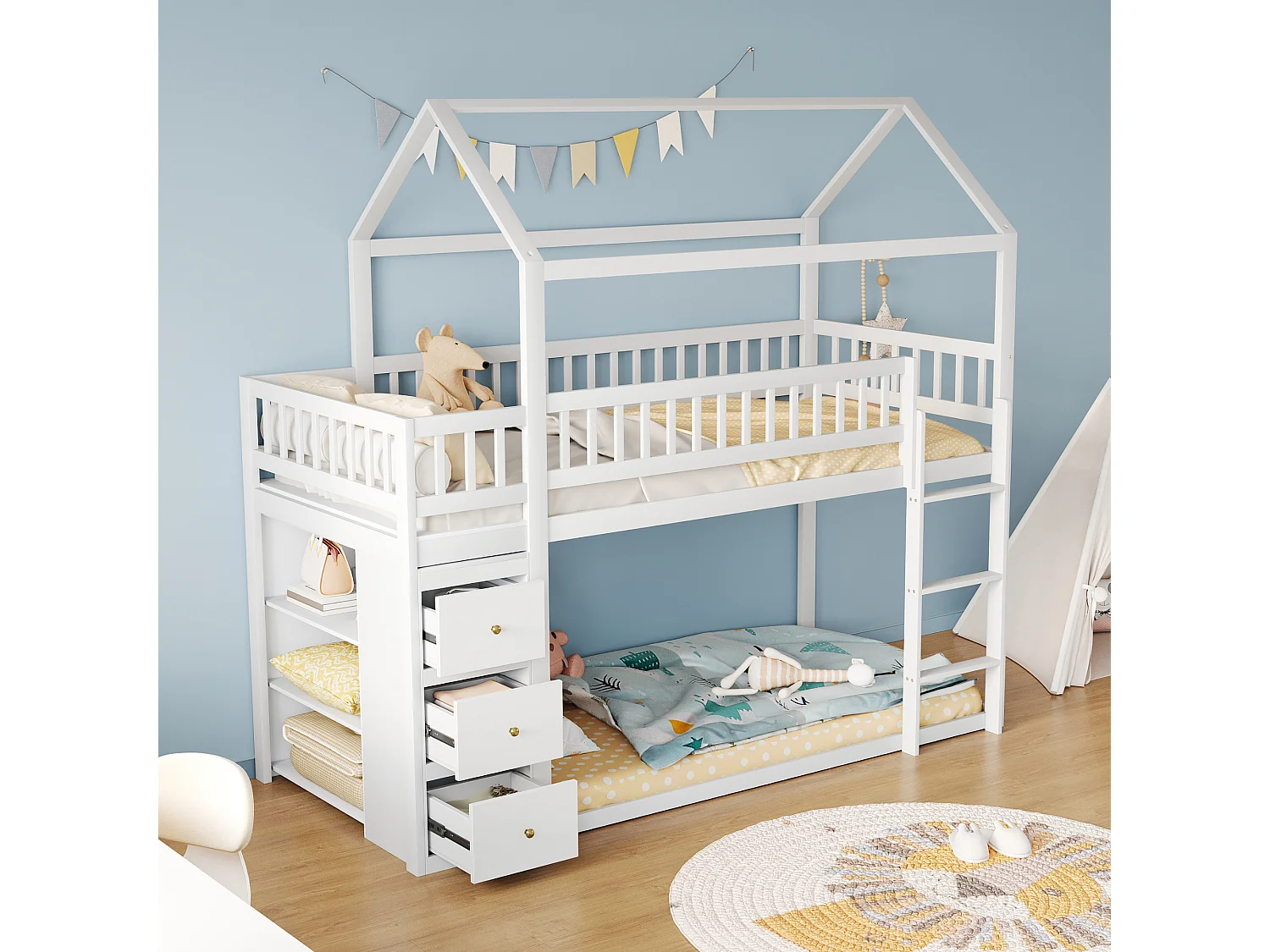 Lit superposé enfant forme maison avec barrières, commode et étagères, bois massif blanc (249x96x211cm)