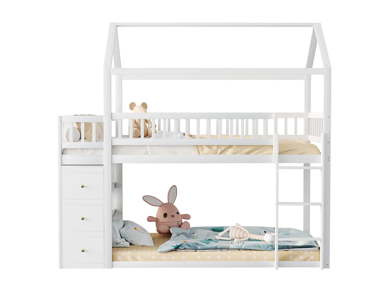 Lit superposé enfant forme maison avec barrières, commode et étagères, bois massif blanc (249x96x211cm)