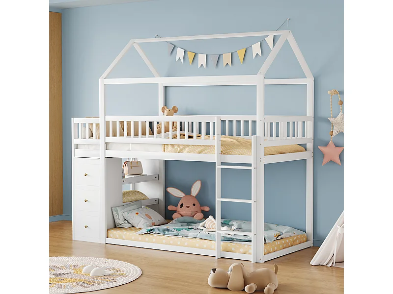 Letto a castello per bambini, a forma di casa, con sponde, cassettiera e ripiani, in legno massello, bianco (249x96x211cm)