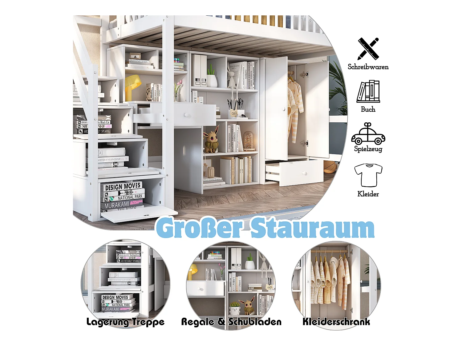 Lit superposé pour enfants, avec bureau, rangement, étagères et penderie, bois massif et MDF, blanc (90x200 cm)